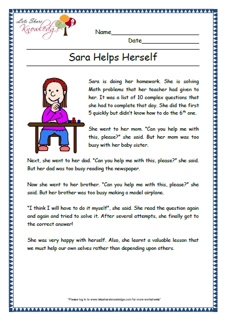 sara help herself grade 2 comprehension worksheet