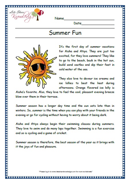 summer fun grade 2 comprehension worksheet