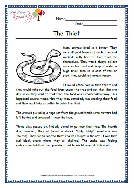 thief grade 2 comprehension worksheet
