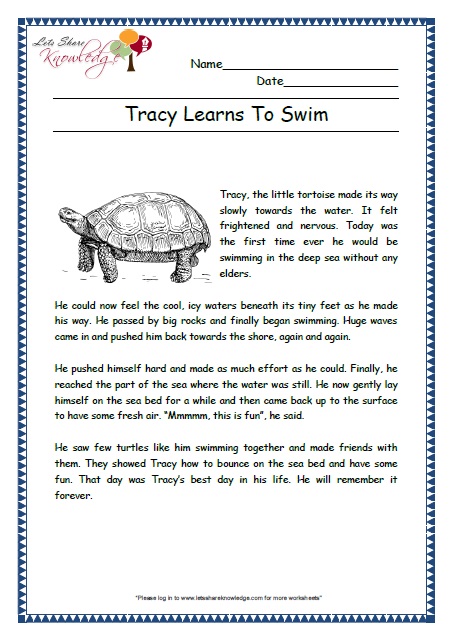 tracy learns to swim grade 2 comprehension worksheet