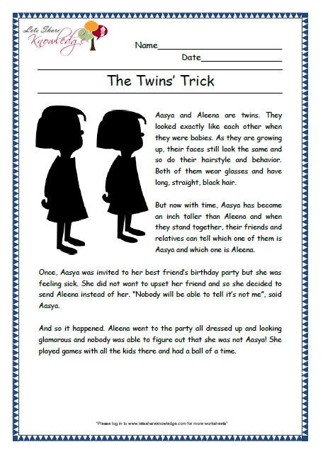 twins tricks grade 2 comprehension worksheet