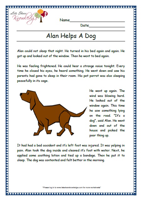alan helps dog grade 2 comprehension worksheet