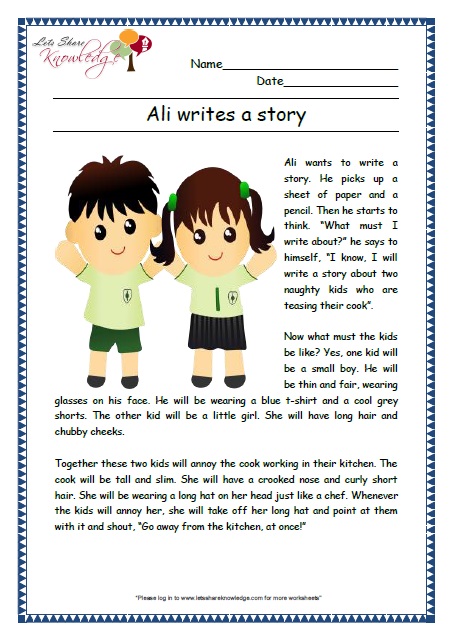 ali writes a story grade 2 comprehension worksheet