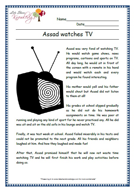 assad watches tv grade 2 comprehension worksheet