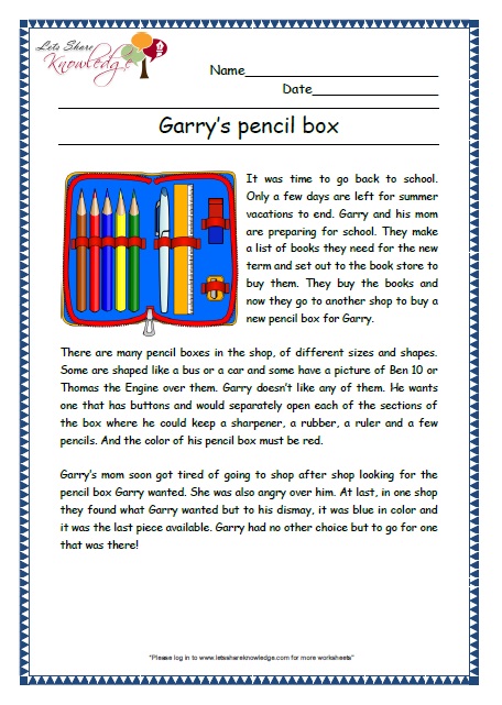 garrys pencil box grade 2 comprehension worksheet