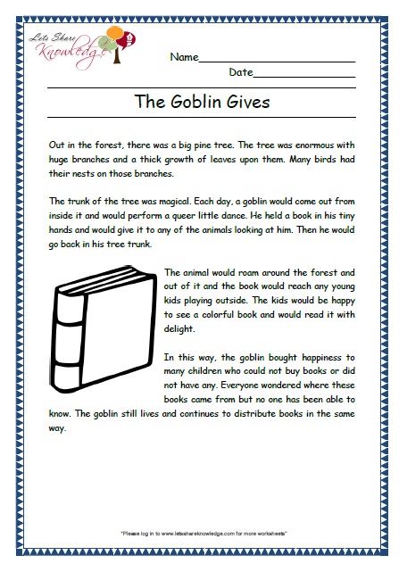 goblin gives grade 2 comprehension worksheet