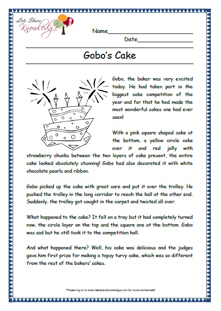 gobos cake grade 2 comprehension worksheet