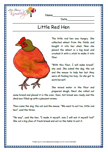 little red hen grade 2 comprehension worksheet