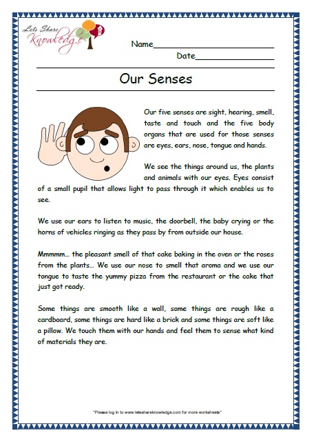 our senses grade 2 comprehension worksheet