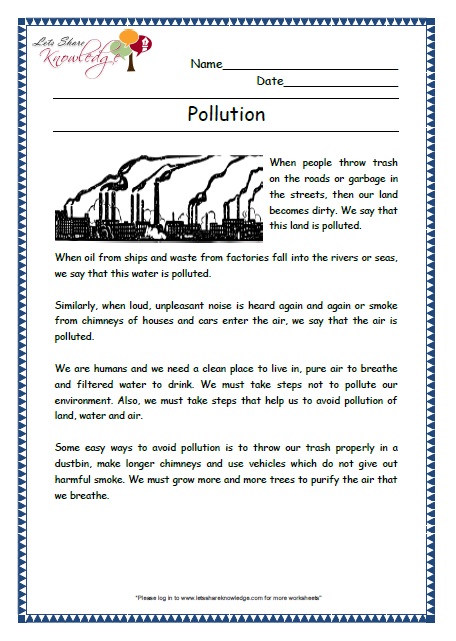 pollution grade 2 comprehension worksheet