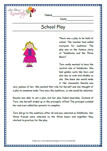 school play grade 2 comprehension worksheet