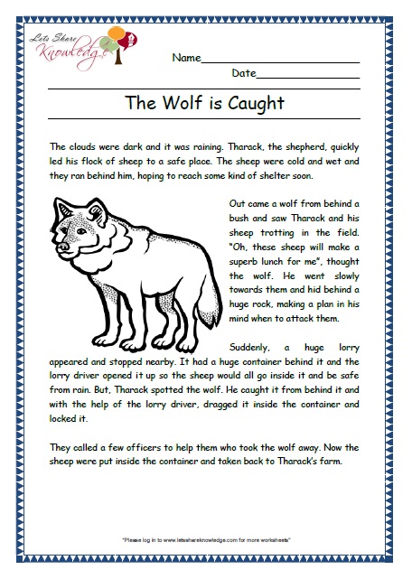 the wolf is caught grade 2 comprehension worksheet