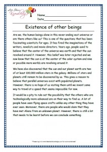 1 Existence of other beings grade 3 comprehension worksheet