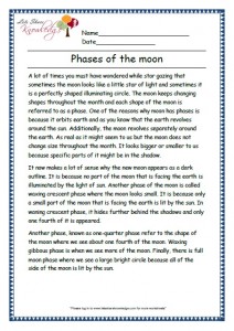 3 phases of the moon grade 3 comprehension worksheet