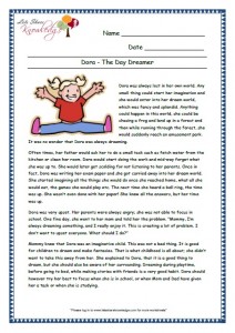 6 Dora-The day Dreamer grade 3 comprehension worksheet