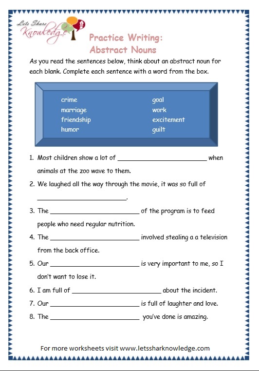 Abstract Noun Worksheet For Grade 3