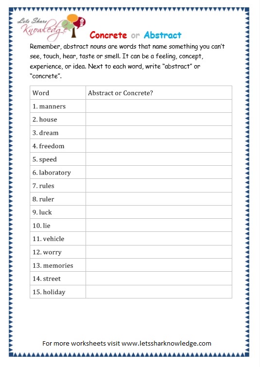 Abstract Nouns Worksheets 3rd Grade
