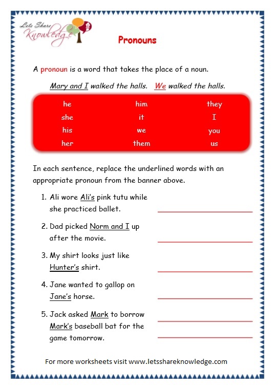 grade 3 grammar topic 9 pronouns worksheets lets share knowledge