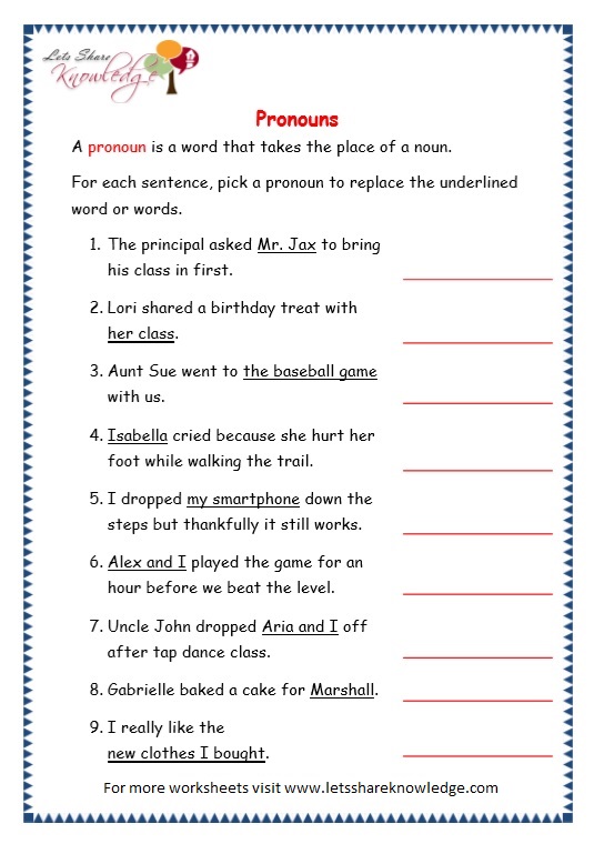 Pronouns Worksheets For Grade 3