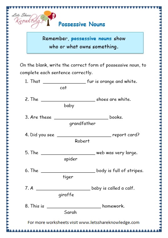 grade 3 grammar topic 8 possessive nouns worksheets lets share knowledge