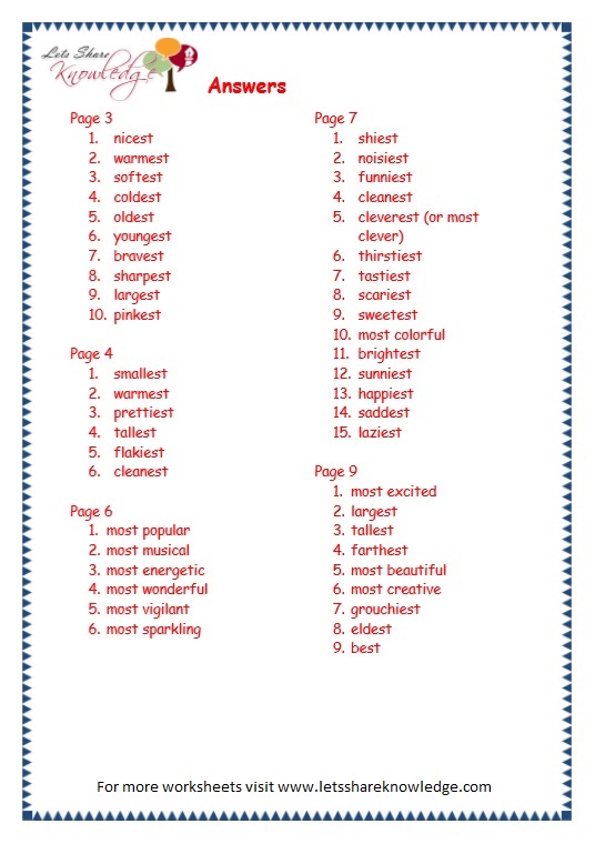 Superlative Adjectives For Grade 3 Worksheets