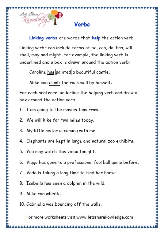 Grammar Worksheets For Grade 3 Verbs