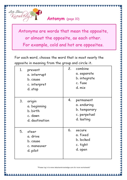 antonym worksheets