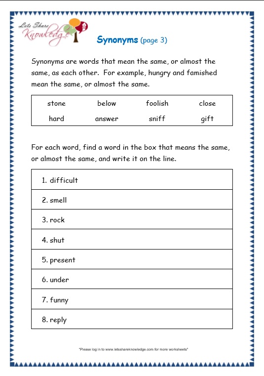 Grade 5 English Worksheets Synonyms