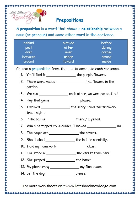 Worksheets For Grade 3 English Grammar Prepositions