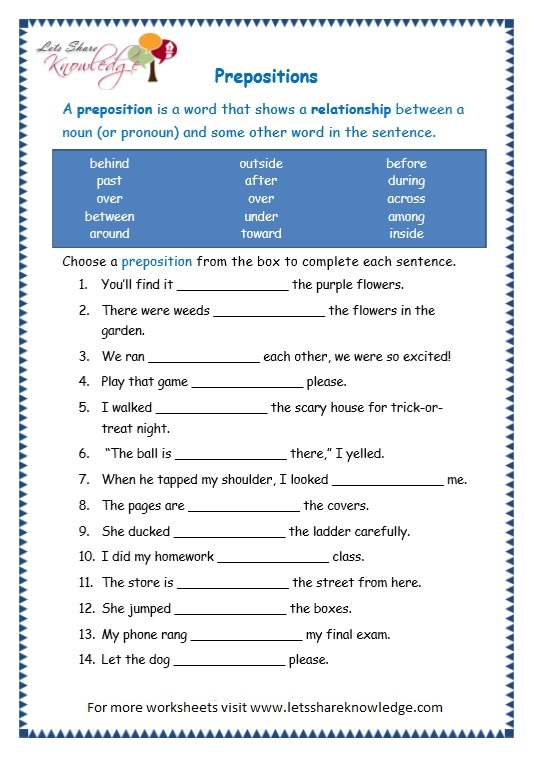 Grade 3 Grammar Topic 17 Prepositions Worksheets Lets Share Knowledge