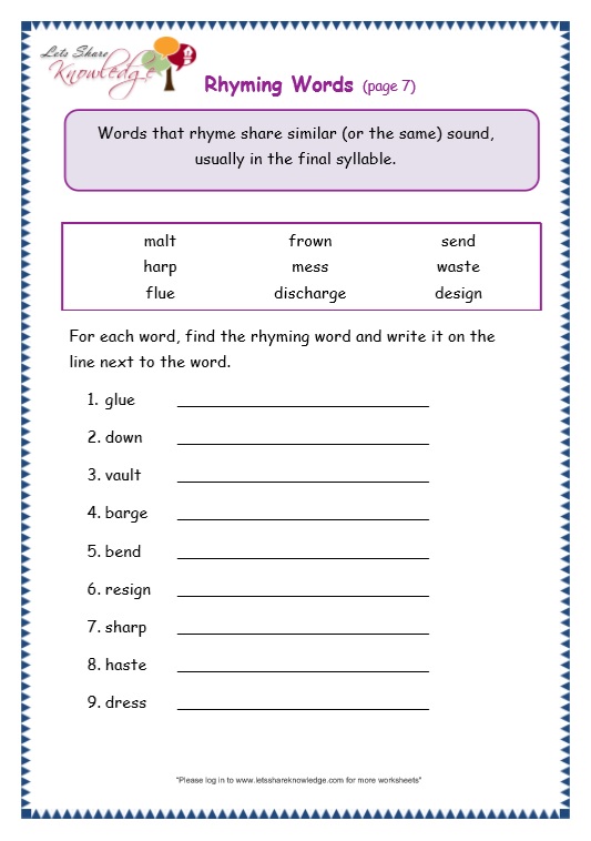 rhyming words worksheet for grade 2