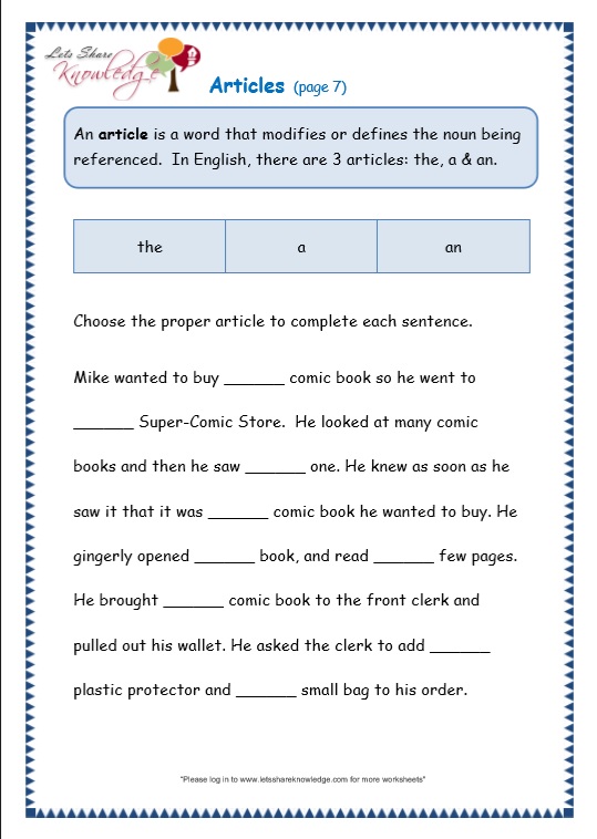 Grade 3 Grammar Topic 34 Articles Worksheets Lets Share Knowledge   Grade 3 Grammar Worksheets Articles 07 