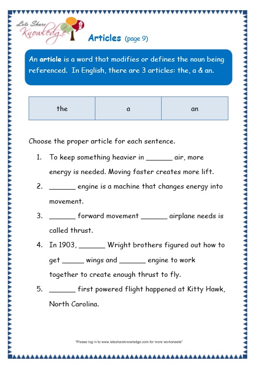 Grade 3 Grammar Topic 34 Articles Worksheets Lets Share Knowledge