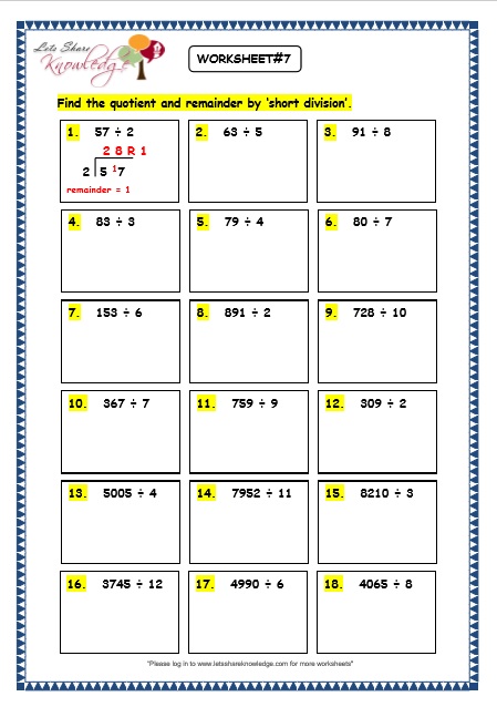 grade 3 maths worksheets division 67 short division