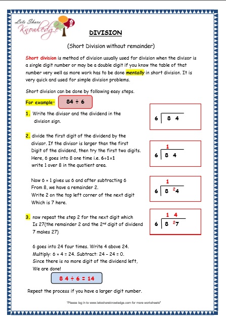 Grade 3 Maths Worksheets: Division (6.6 Short Division without ...