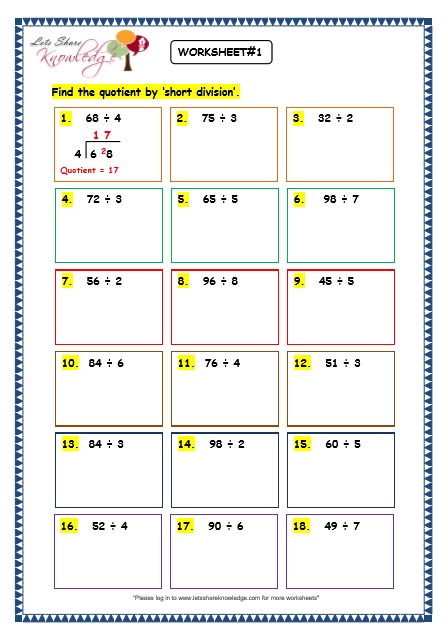 Grade 3 Maths Worksheets: Division (6.6 Short Division without Remainder)
