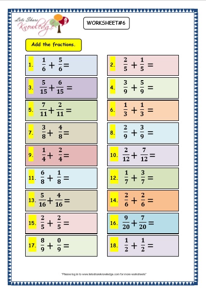 Grade 3 Maths Worksheets: (7.6 Adding Fractions) – Lets Share Knowledge