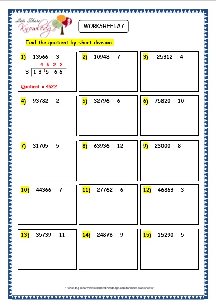 Grade 3 Maths Worksheets: Division (6.8 Short Division of 5 Digit Numbers)