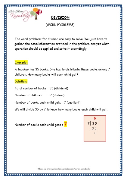 Grade 3 Maths Worksheets: Division (6.9 Division Word Problems) – Lets Share Knowledge