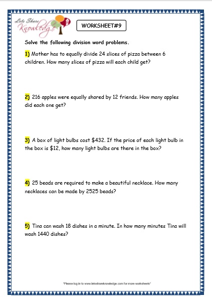 Grade 3 Maths Worksheets Division 69 Division Word Problems Lets 3rd 