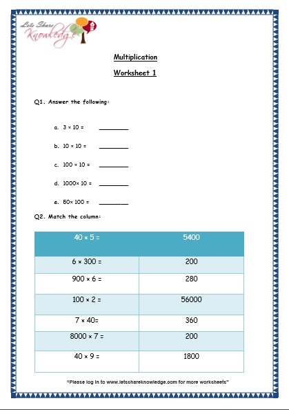  Multiplication by 10, 100 and 1000 worksheet