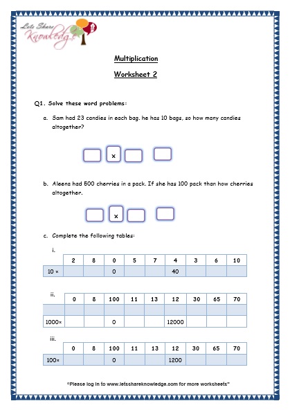  Multiplication by 10, 100 and 1000 Worksheet 