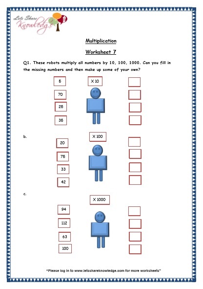 Grade 3 Maths Worksheets (5.2 Multiplication by 10, 100 and 1000)