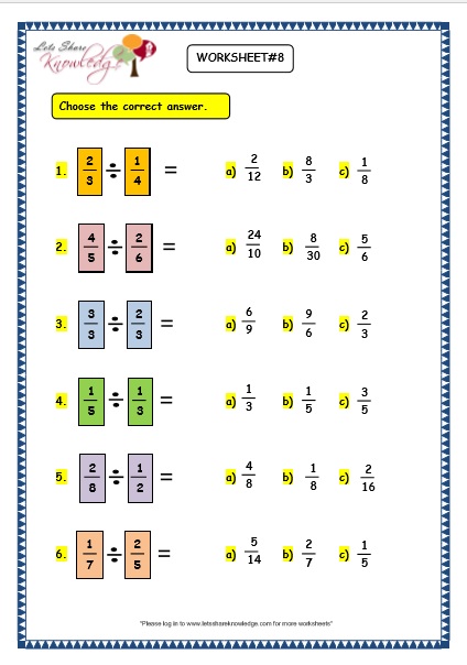 Grade 3 Maths Worksheets: (7.8 Multiplying and Dividing Fractions)