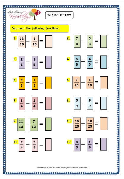 grade 3 maths worksheets 77 subtracting fractions lets share