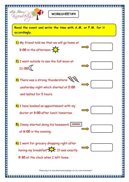 Grade 3 Maths Worksheets: (8.4 Reading the Time in AM and PM)