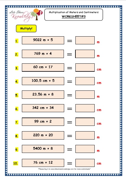  Multiplication of Meters and Centimeters Worksheets