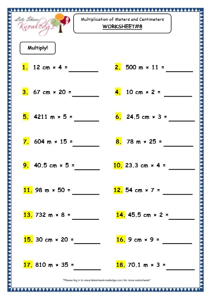Grade 3 Maths Worksheets: (11.7 Multiplication of Meters and Centimeters)