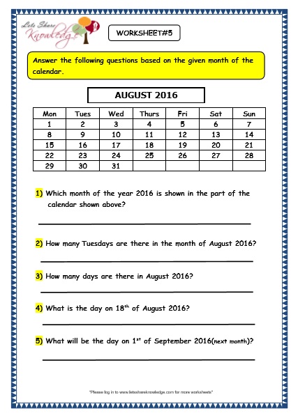  Calendars Worksheet