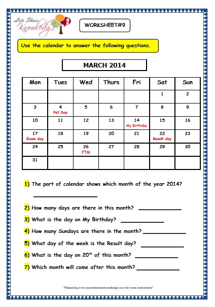 Grade 3 Maths Worksheets: (9.1 Calendars)
